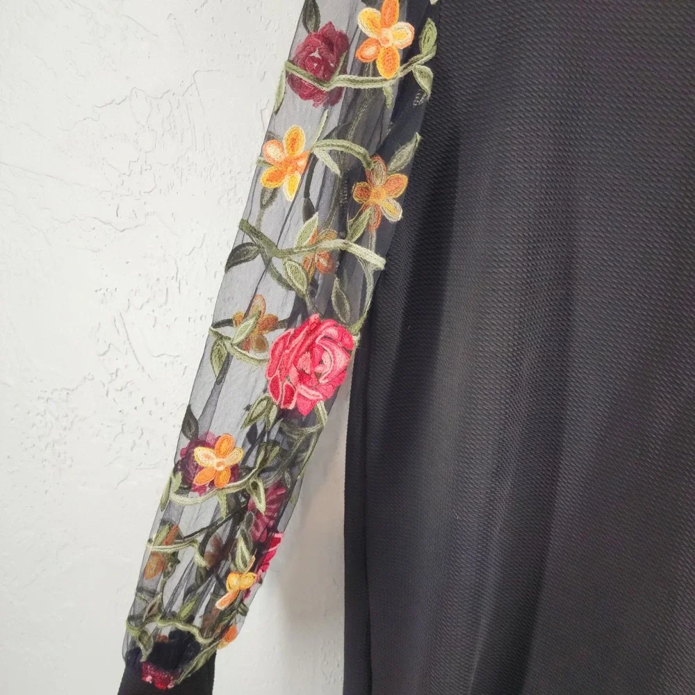 Black Mesh Floral Embroidered Sheer Sleeve Textured Tunic Dress Womens‎ Large
